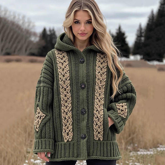 Women's Weave Knotted Jacquard Pocket Hoodie Cardigan elevenforest