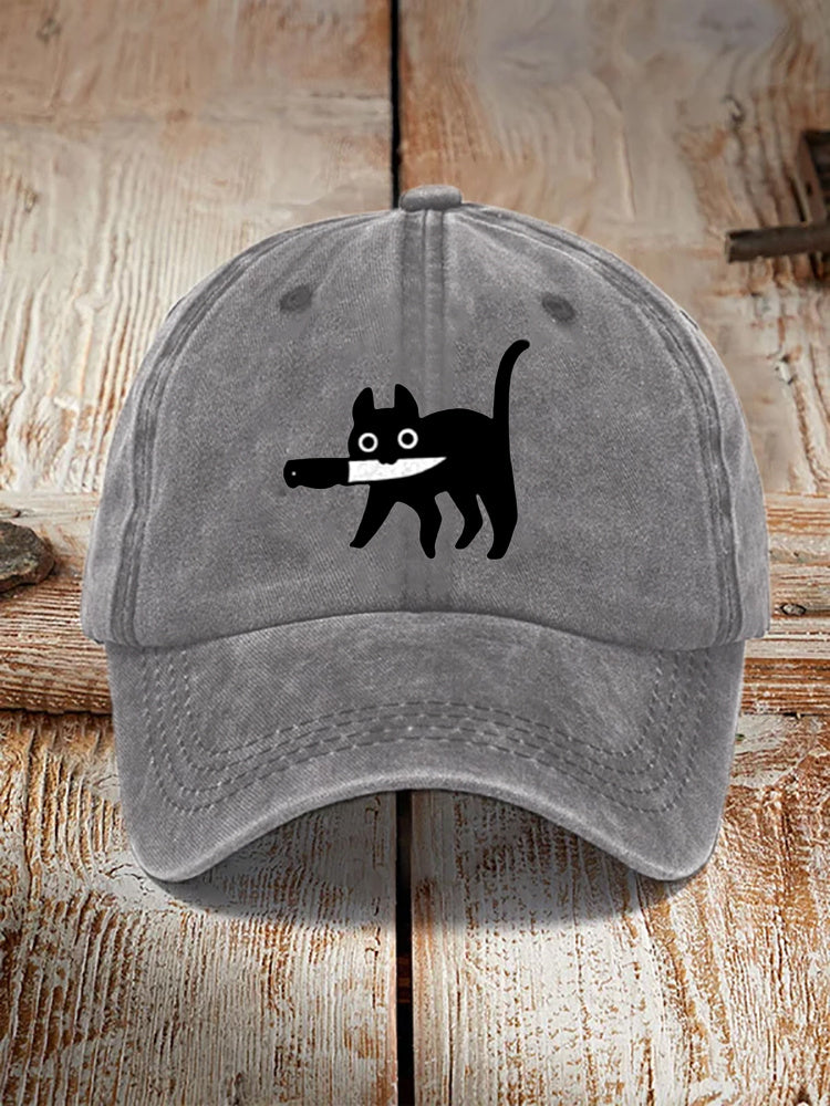Comstylish Funny Black Cat Print Washed Hat