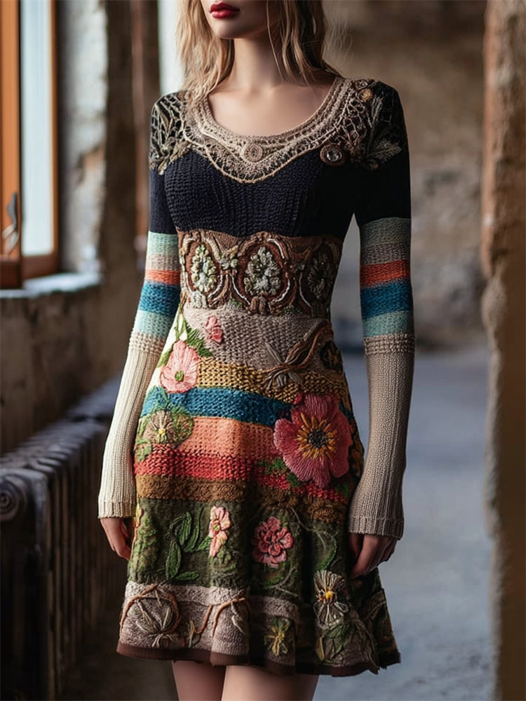 Boho Floral Crochet Colorful Striped Cozy Knit Sweater Dress artswardrobe