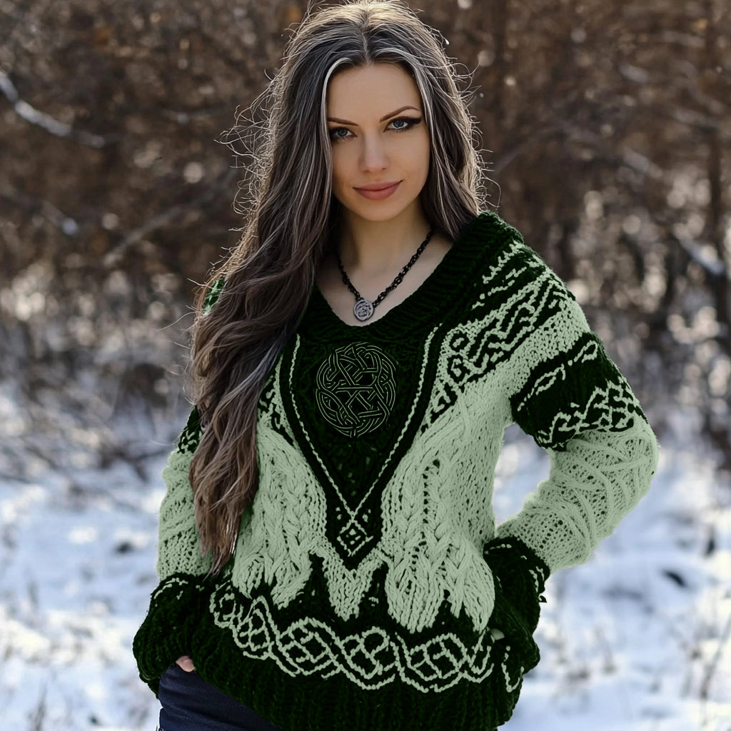 Women's Viking Rune Knit Jacquard V-neck Sweater elevenforest