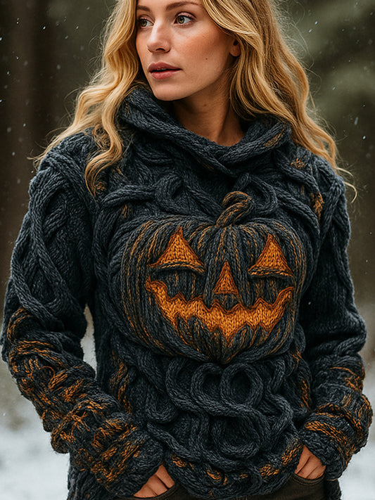 Halloween Spooky Pumpkin Light Women's Chunky Knit Hooded Sweater artswardrobe