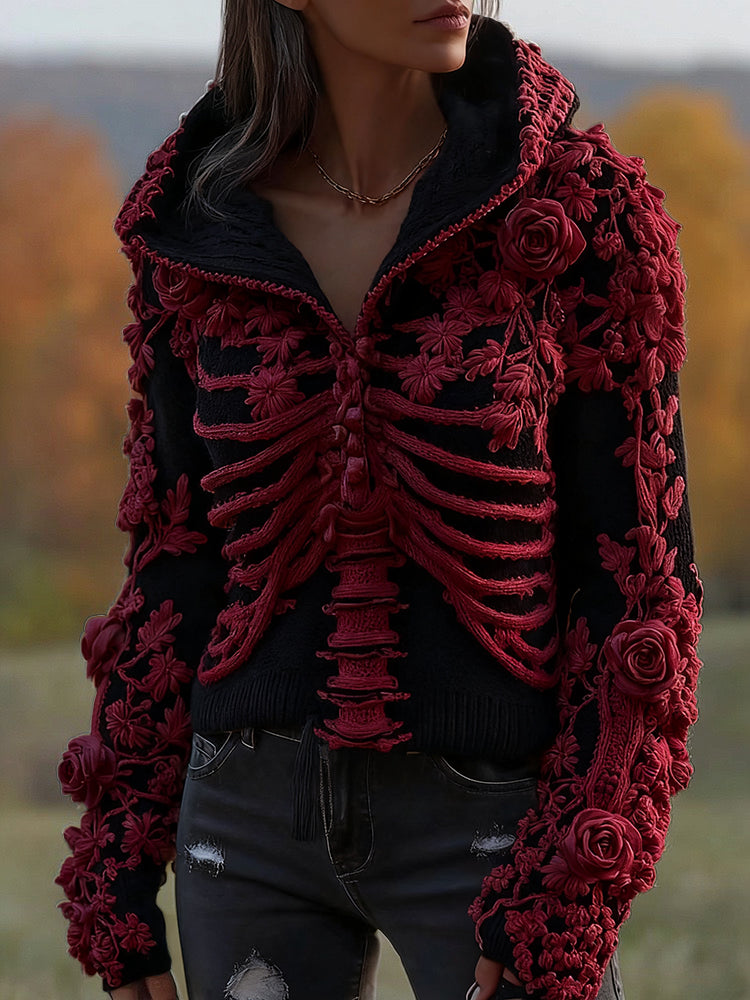 Women's  Halloween Skeleton Bones With Floral Art Knitted Warm Hooded Sweater artswardrobe