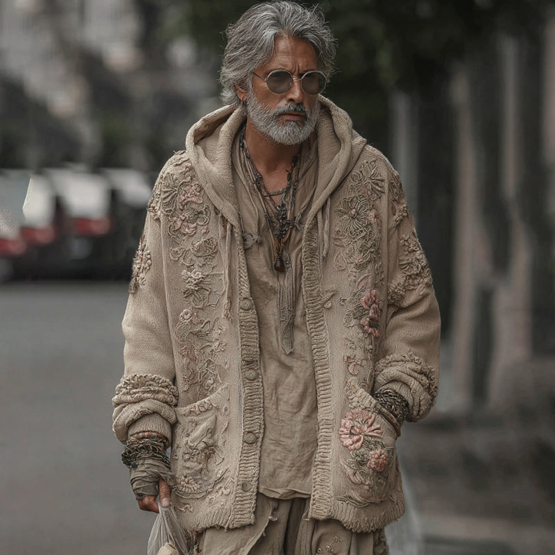 Men's Vintage Floral Art Jacquard Button Cardigan Sweater elevenforest