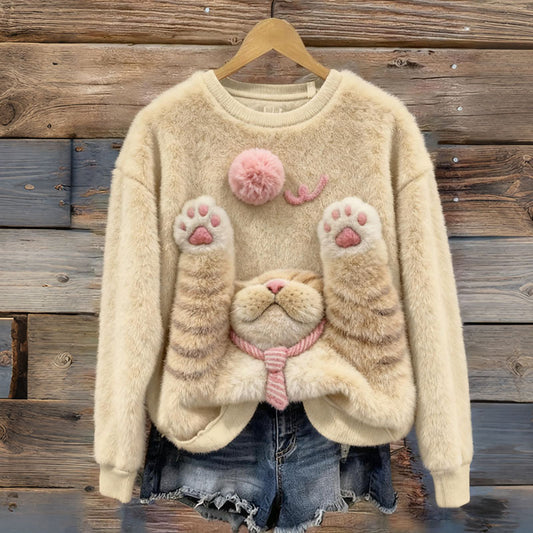 Cute Cat Plush Warm Crew Neck Sweater elevenforest