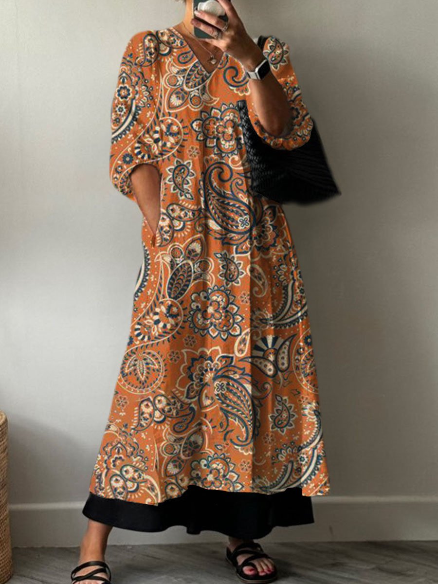 Women's Boho Retro Print Pocket V-neck Cotton Dress
