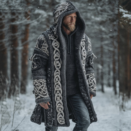 Men's Viking Style Celtic Knot Pocket Midi Cardigan Sweater artswardrobe