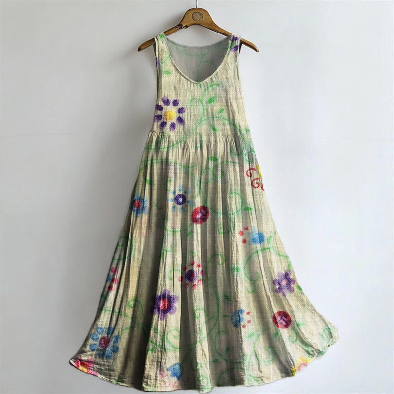 Women's Vintage Floral Art Print Crew Neck Sleeveless Cotton Pocket Dr