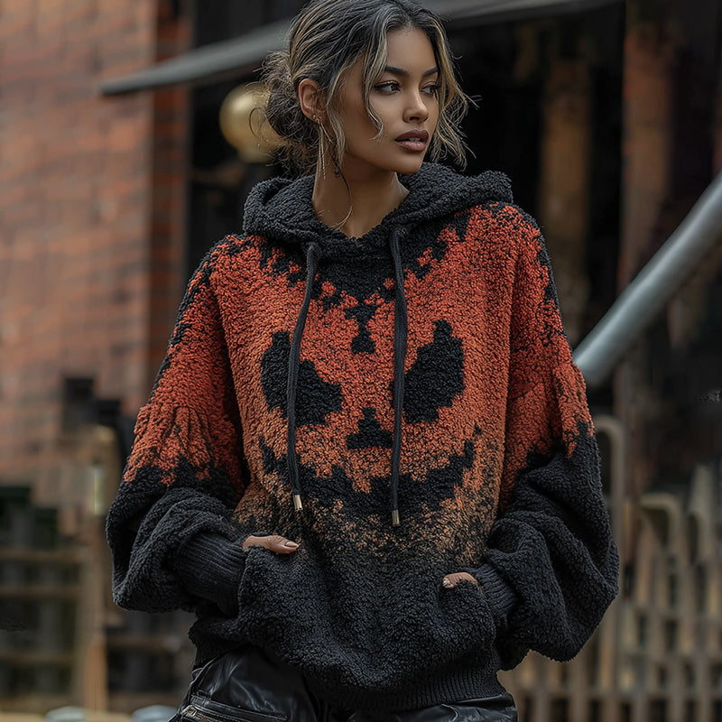 Women's Halloween Spooky Face Gradient Inspired Chunky Knit Hooded Sweater elevenforest