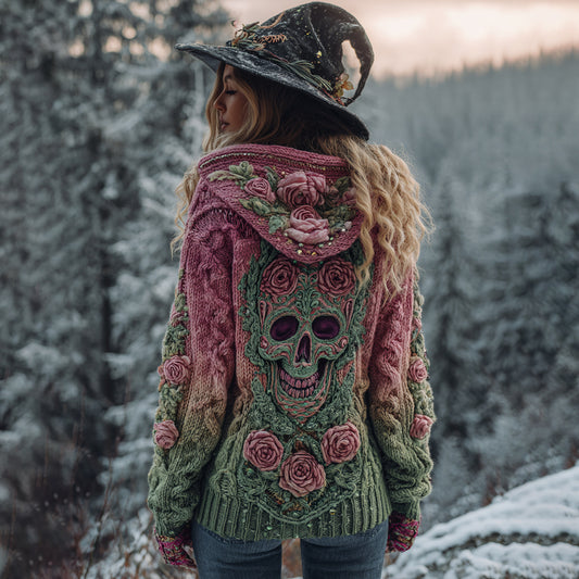 Women's Viking Tribal Jacquard Celtic With Red Rose And Skull Inspired Cozy Knitted Hooded Cardigan elevenforest