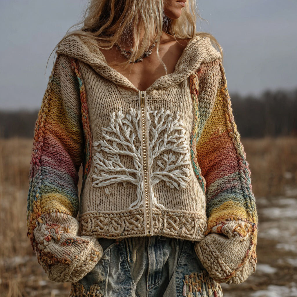 Women's Boho Gradient Tree Of Life Chunky Knit Cozy Zip-up Hooded Sweater artswardrobe