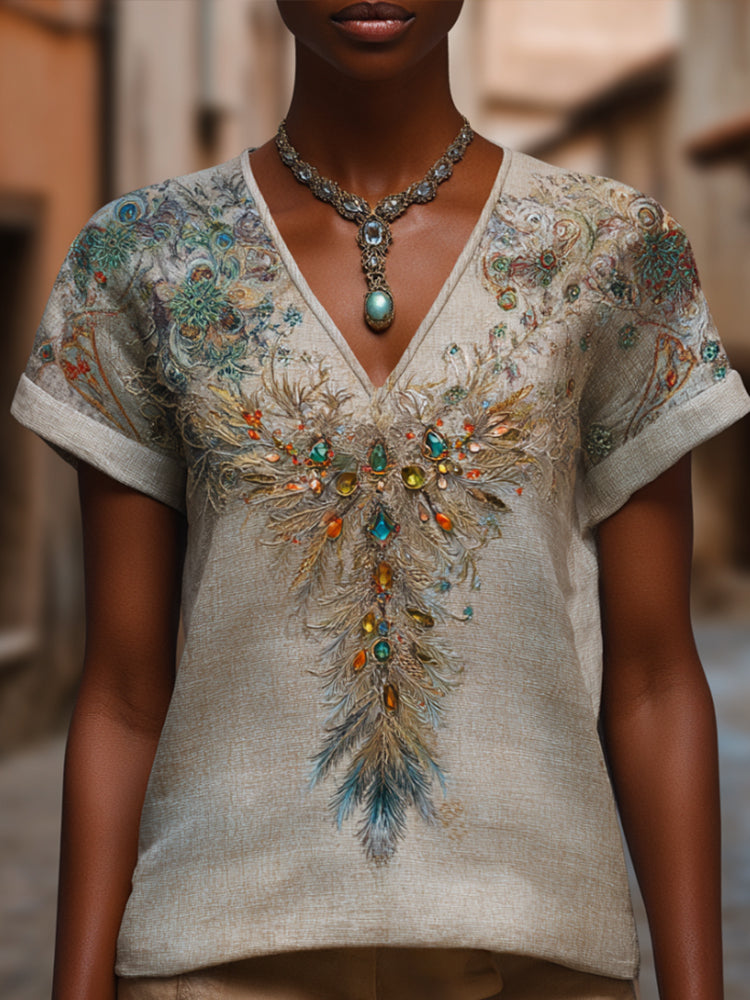 Western-style Bright-colored Feather Three-dimensional Embroidery Pattern Bead Embroidery V-neck White Short-sleeved Shirt artswardrobe