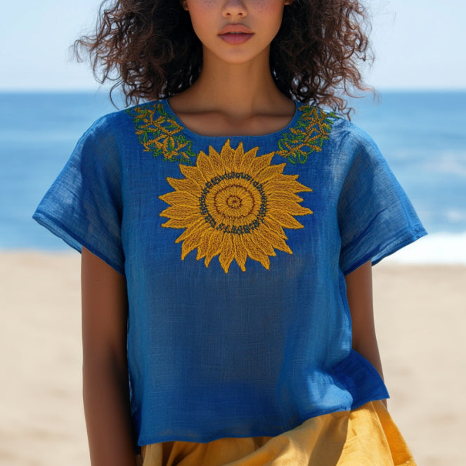 Comstylish Vintage Sunflower Art Cotton Linen Comfy Shirt