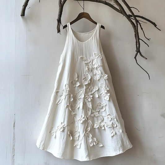 3d Floral Pattern Women's Casual Linen Sleeveless Dress artswardrobe