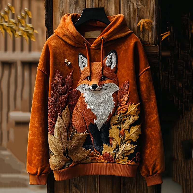 Comstylish Maple Leaf Cute Fox Graphic Vintage Washed Unisex Hoodie