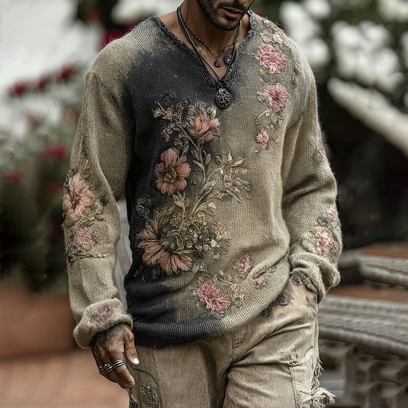 Men's Retro Floral Art Jacquard Thick Warm V Neck Sweater artswardrobe