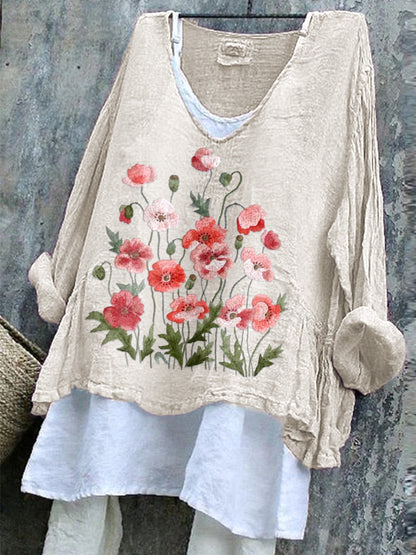Comstylish Poppy Flower Embroidery Pattern Cozy Cotton Linen Shirt