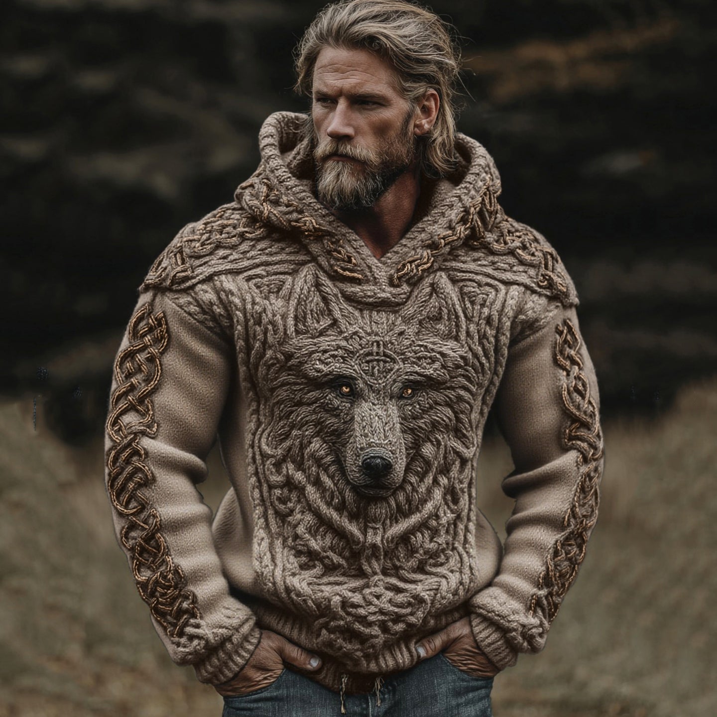 Men's Viking Wolf Celtic Knot Jacquard Knitted Hooded Sweater elevenforest
