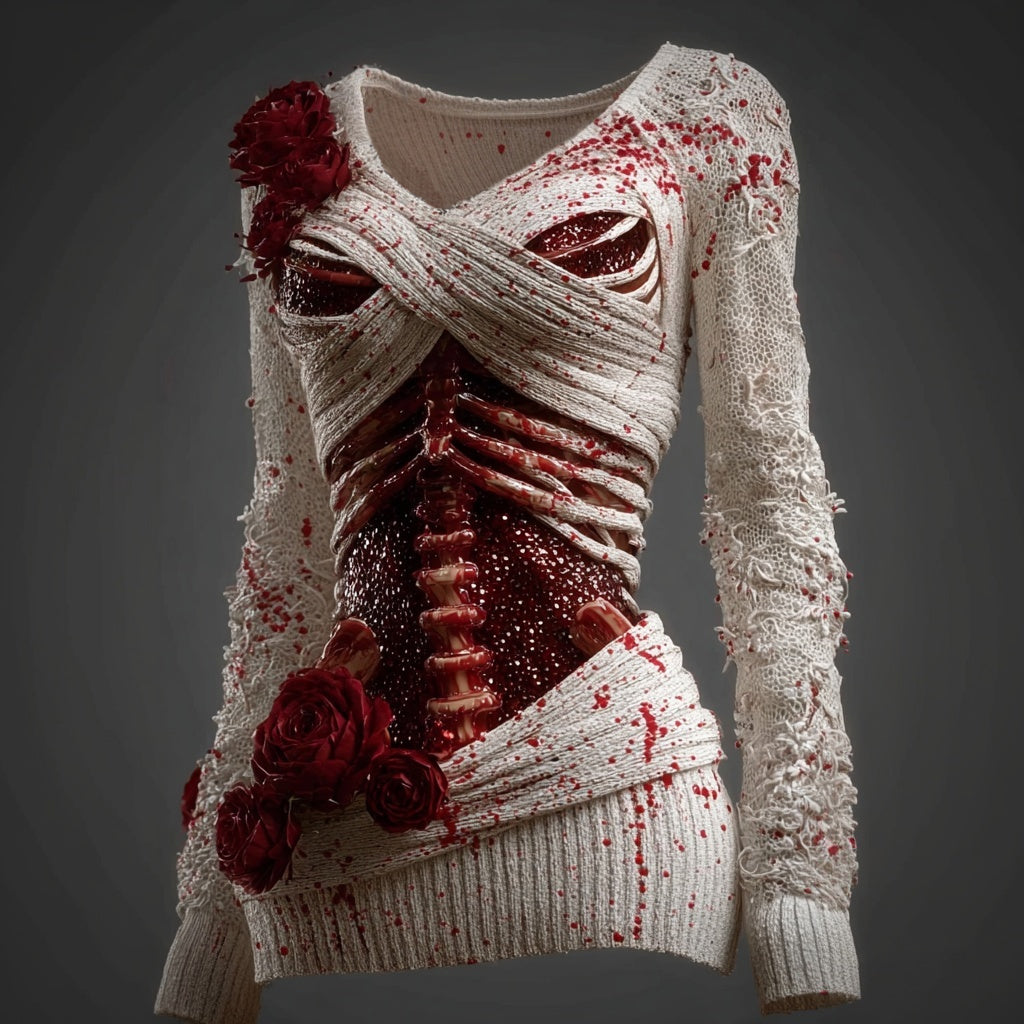 Elegant Skeleton Bloody Roses Bandages V Neck Sweater artswardrobe