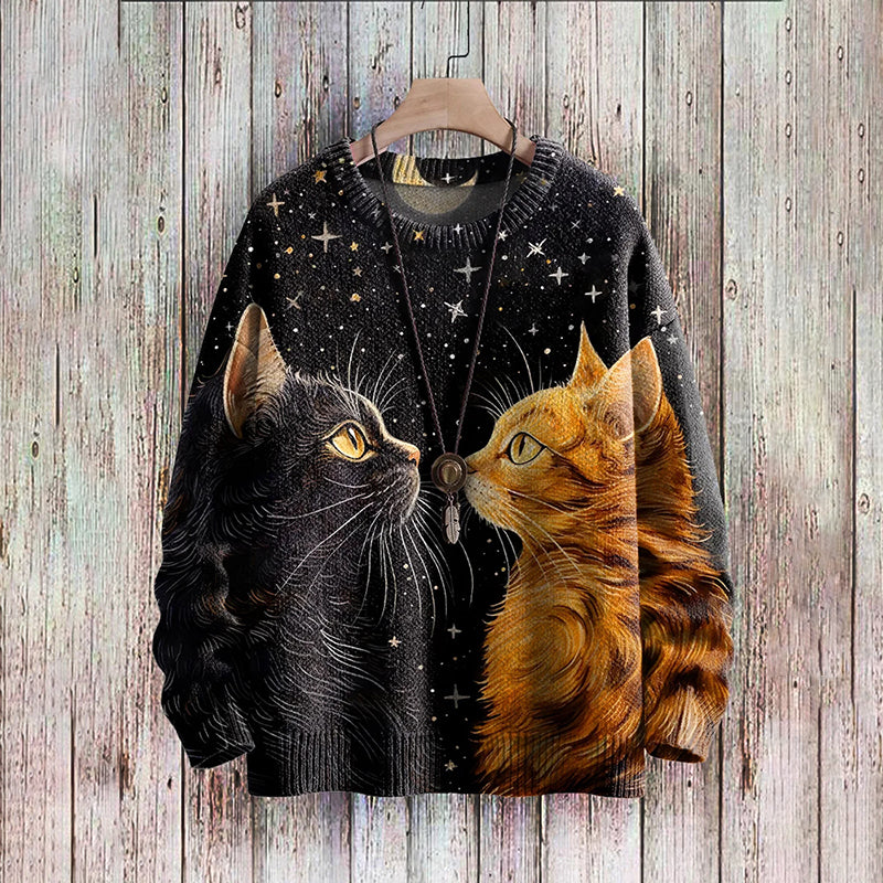 Retro Fun Black Cat Moon Art Print Casual Knitted Pullover Sweater elevenforest