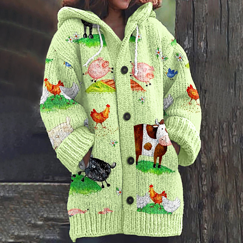 Women's Casual Farm Chicken And Sheep Print Cardigan Sweater artswardrobe