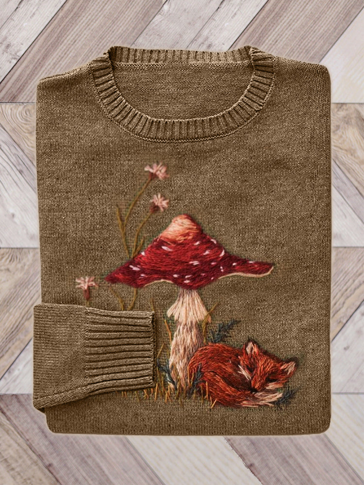 Sleeping Fox & Mushroom Embroidery Art Knit Sweater artswardrobe
