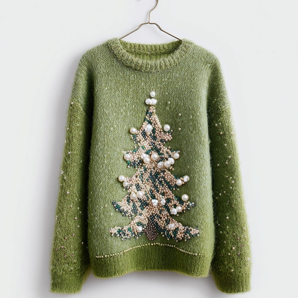 Elegant Christmas Tree Beaded Fuzzy Knit Sweater artswardrobe