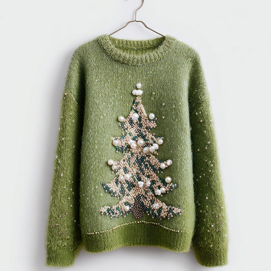 Elegant Christmas Tree Beaded Fuzzy Knit Sweater artswardrobe
