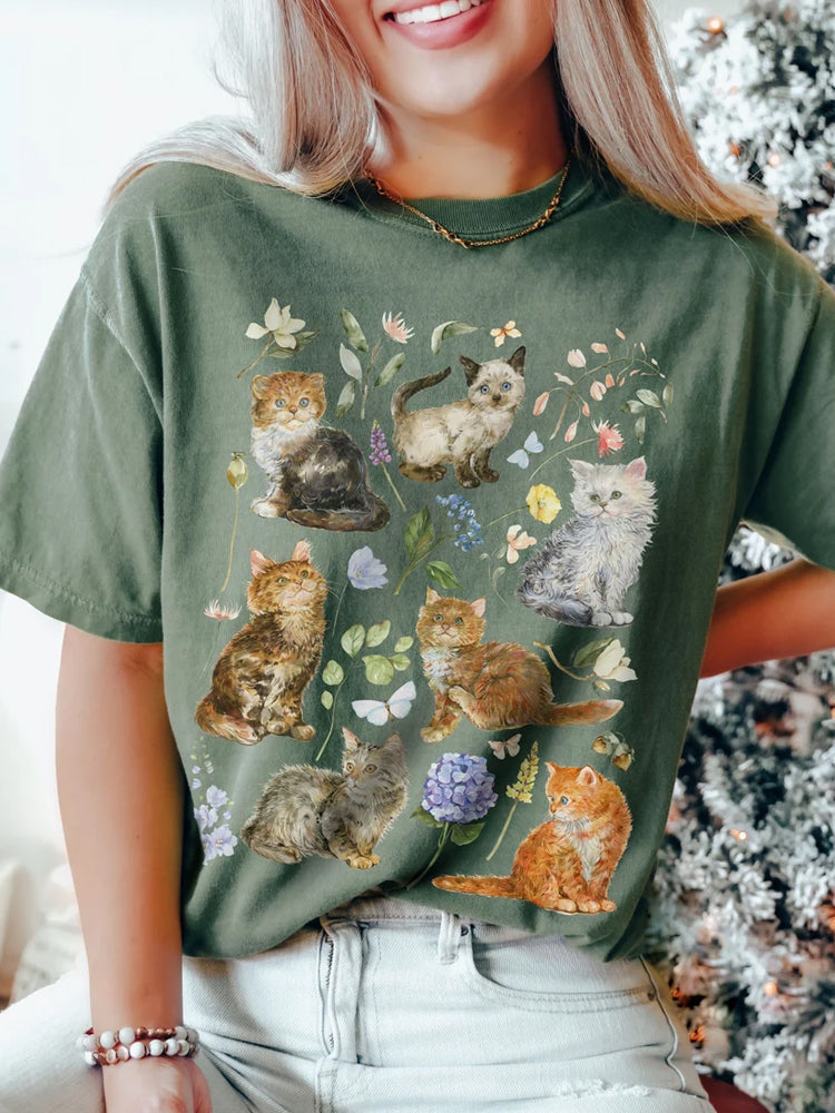 Countryside Cat Embroidery Print T-shirt elevenforest