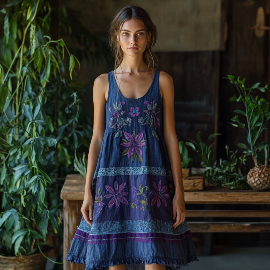 Vintage Bohemian Floral Embroidery Linen Mini Dress artswardrobe