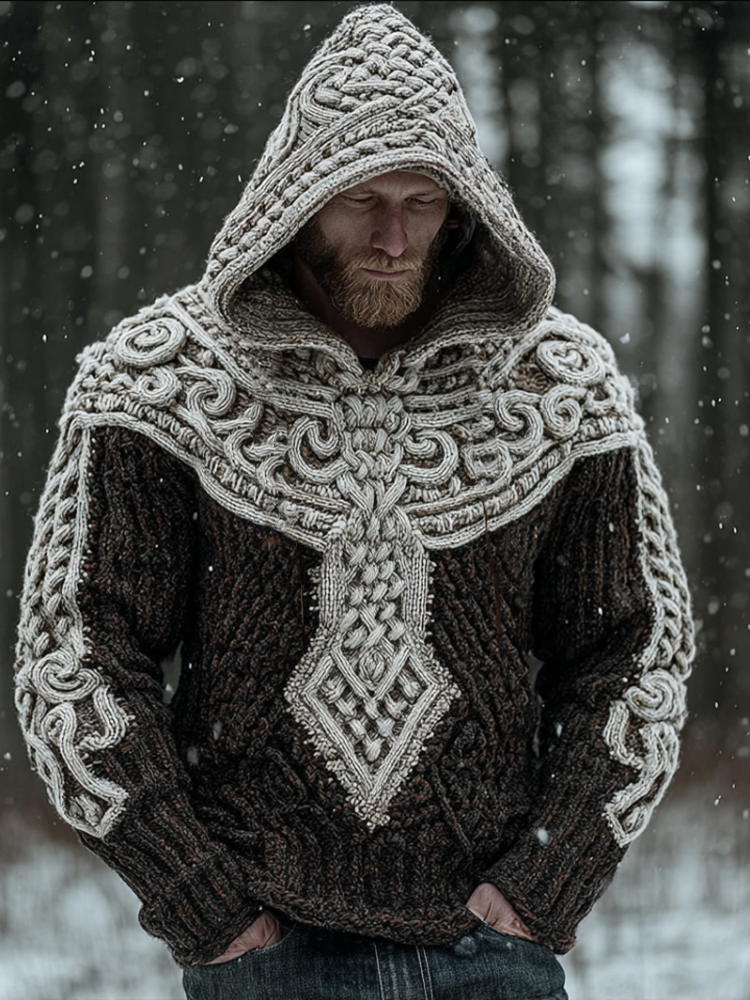 Men's Viking-style Winter Warm Hooded Knitted Sweater artswardrobe
