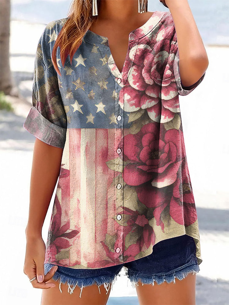 Women's Independence Day Flag Floral Art Print Casual Cotton And Linen