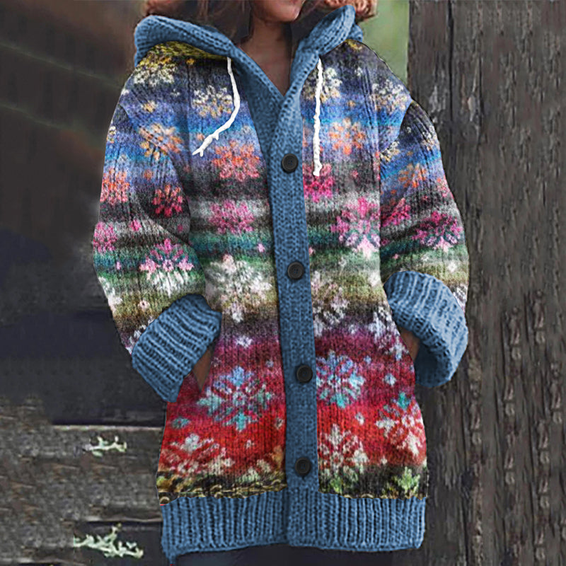 Cardigan con cappuccio in cotone, sfumatura arcobaleno e motivo floreale ombré