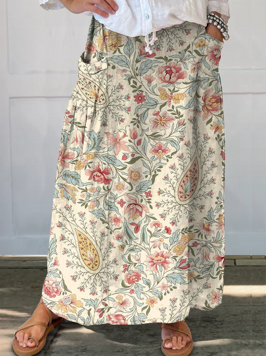 Women's Retro Paisley Flower Print Linen Pocket Skirt
