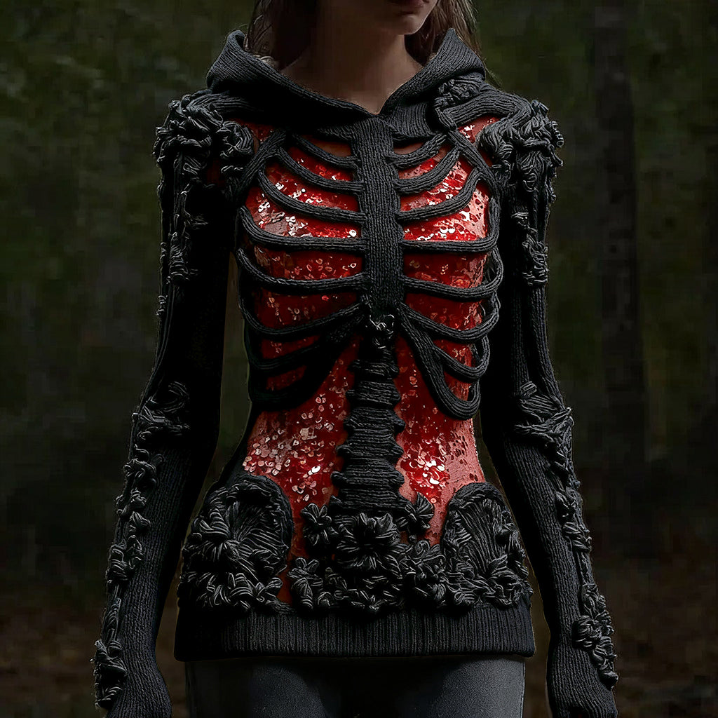 Halloween Skull Floral Knitted Warm Hooded Sweater artswardrobe
