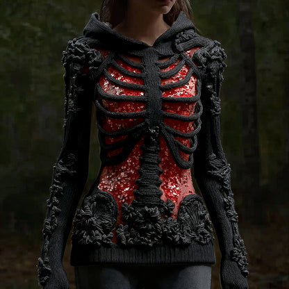 Halloween Skull Floral Knitted Warm Hooded Sweater artswardrobe
