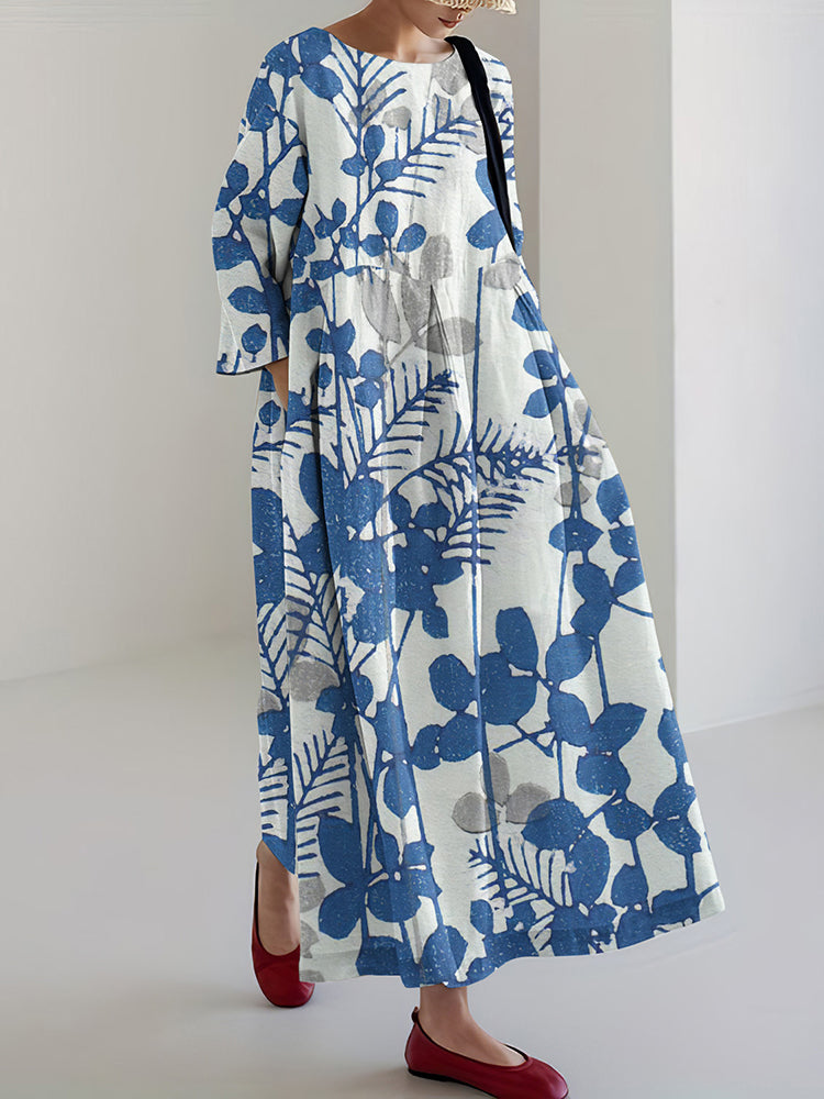Vintage Floral Print Round Neck Loose Midi Dress