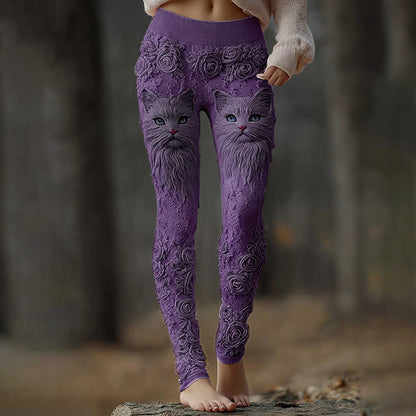 Comstylish Vintage Cute Cat Face With Roses Art Embroidered Cozy Knit Leggings