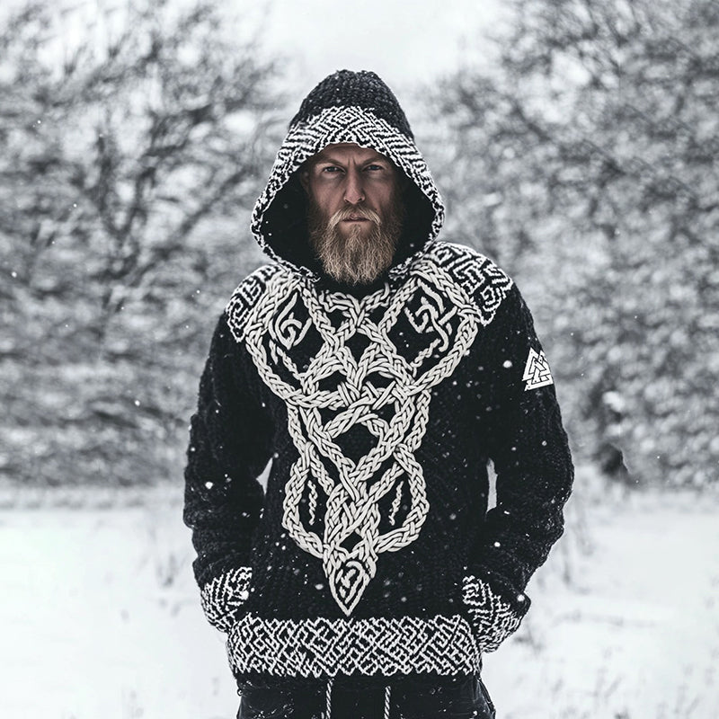 Men's Viking Inspired Runes Celtic Chunky Knit Cozy Hooded Sweater elevenforest
