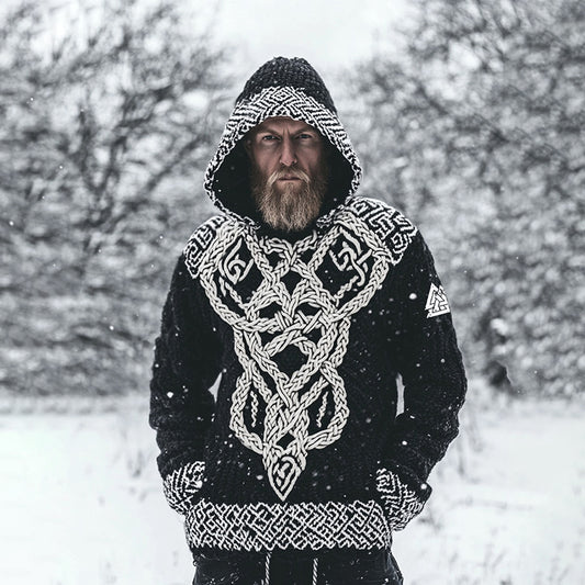 Men's Viking Inspired Runes Celtic Chunky Knit Cozy Hooded Sweater elevenforest
