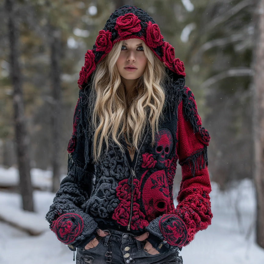 Women's Vintage Skull Rose Celtic Knot Art Cozy Knit Zip Up Hooded Sweater elevenforest