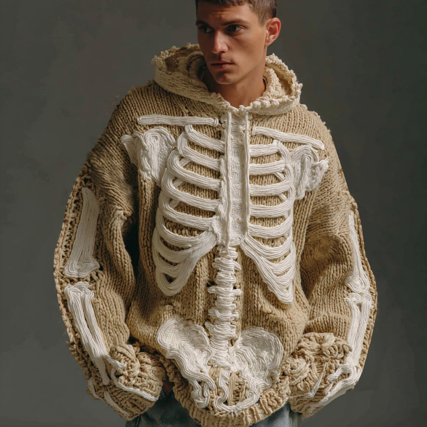 Men's Vintage Skeleton Crochet Cozy Hooded Sweater artswardrobe