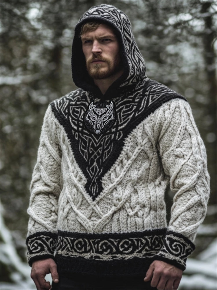 Men's Viking Fenrir Wolf Celtic Contrast Cozy Hooded Sweater artswardrobe