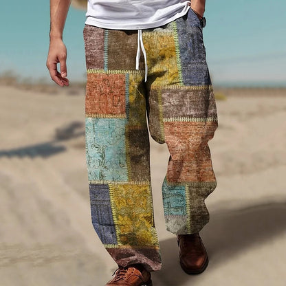 Vintage Geometric Color Block Art Graphic Linen Pants artswardrobe