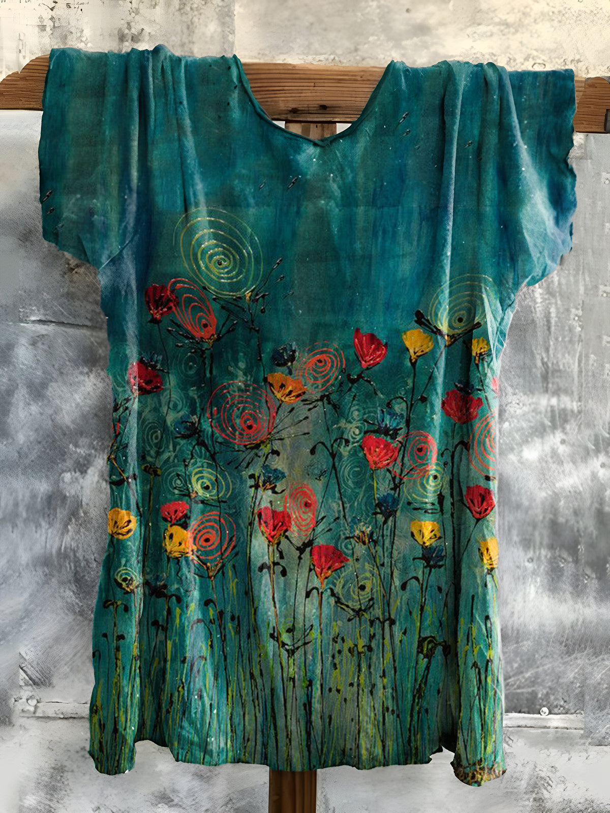 Floral Art Print Cotton Crew Neck T-Shirt