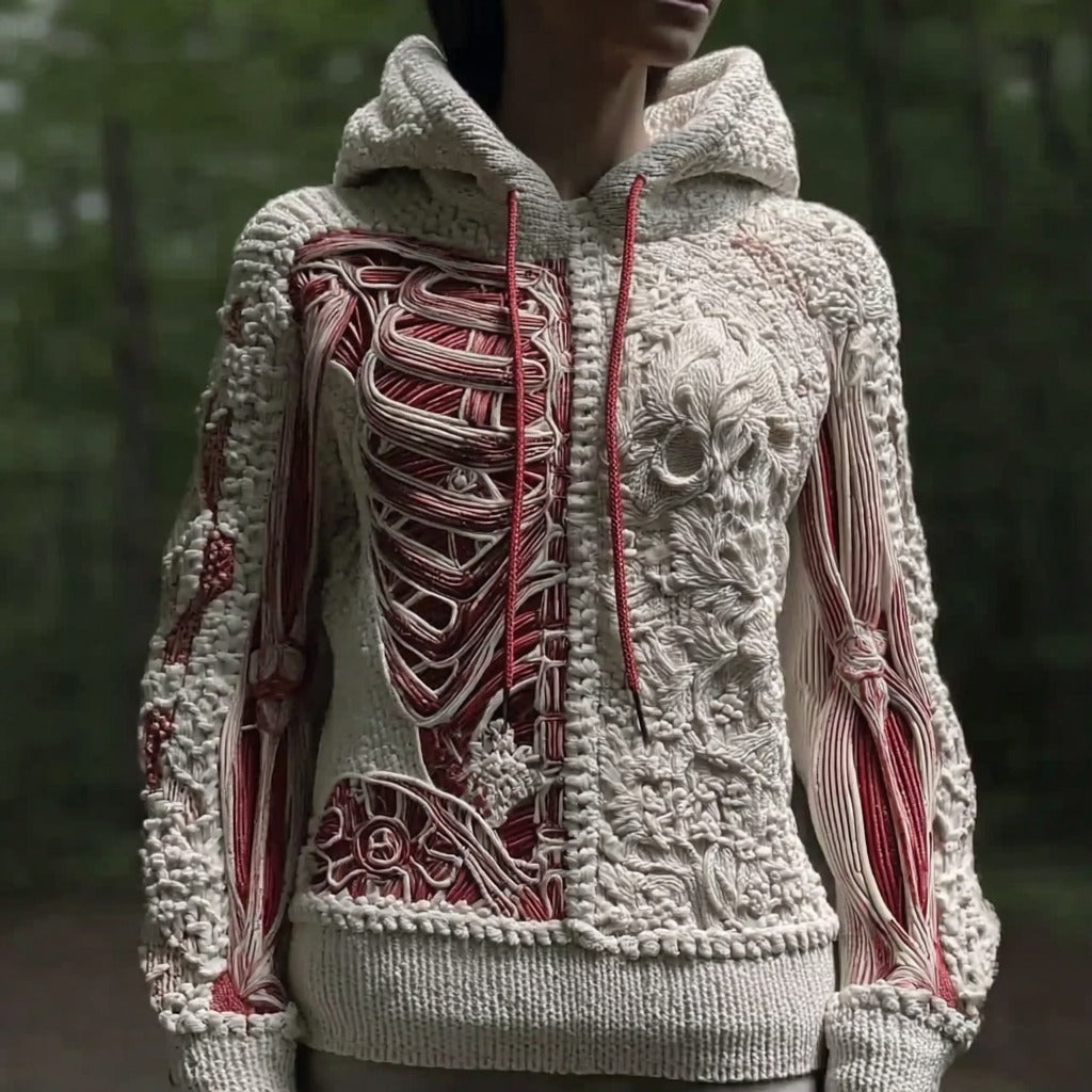 Women's Vintage Halloween Skull And Muscle Art Knitted Warm Hooded Sweater artswardrobe