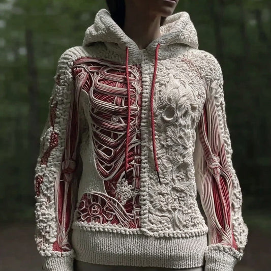 Women's Vintage Halloween Skull And Muscle Art Knitted Warm Hooded Sweater artswardrobe