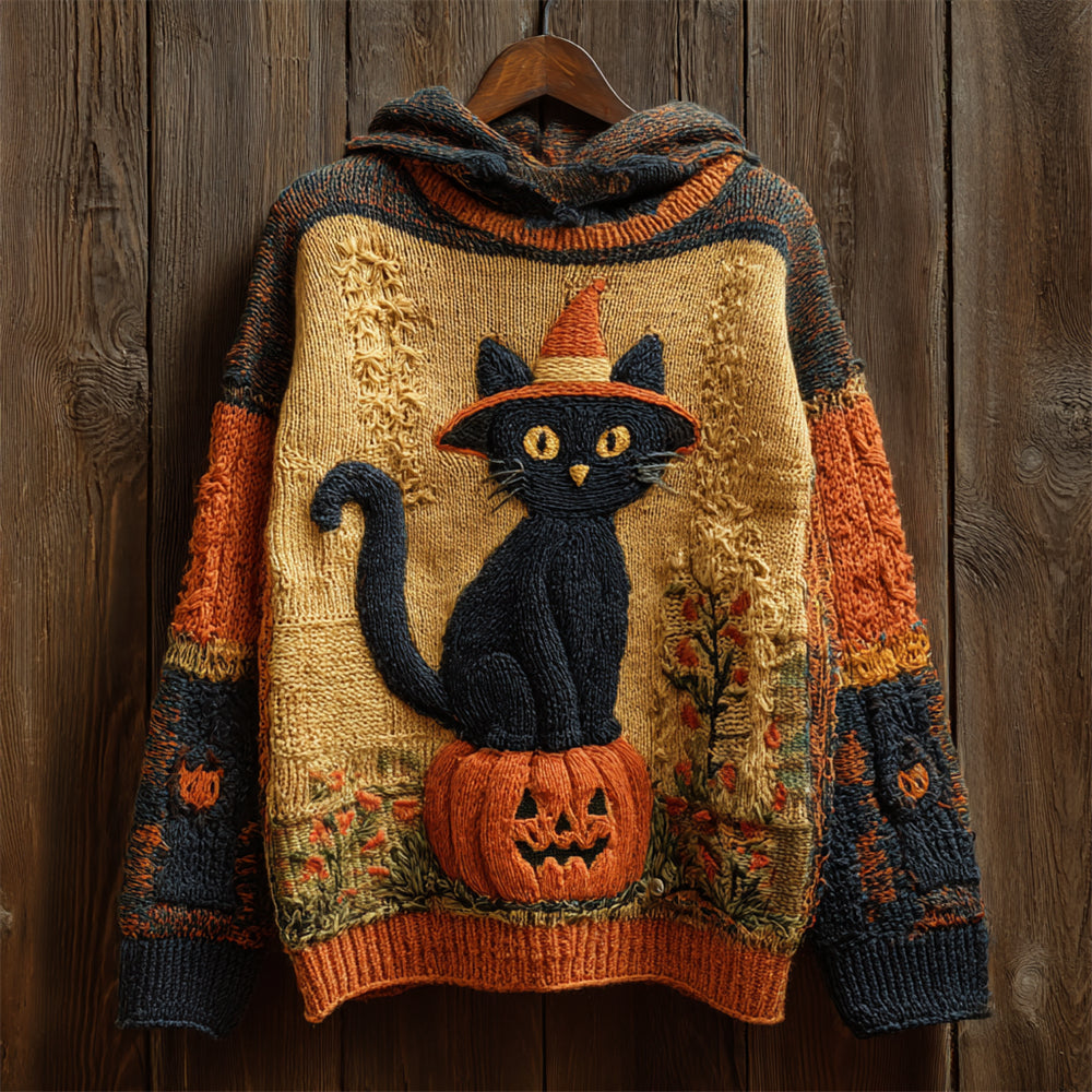 Halloween Black Cat With Hat & Pumpkin Art Women's Knit Hooded Sweater artswardrobe