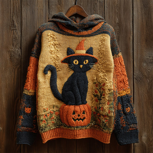 Halloween Black Cat With Hat & Pumpkin Art Women's Knit Hooded Sweater artswardrobe