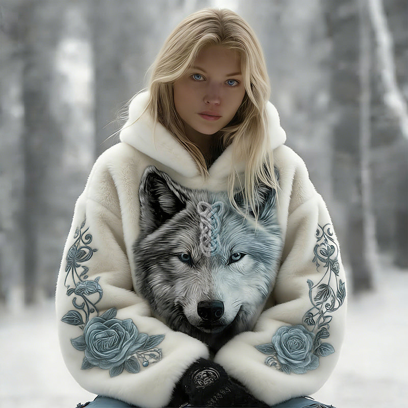 Comstylish Women's Glacier Wolf And Rose Celtic Design Flannel Warm Cozy Hoodie