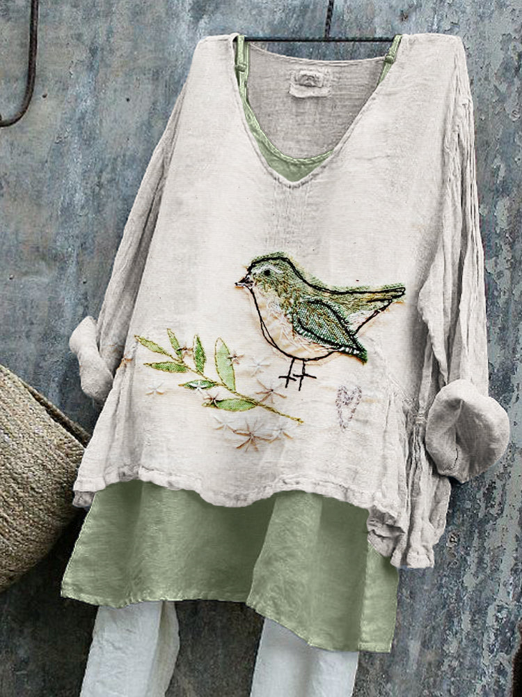 Bird & Leaves Floral Fiber Art Linen Tunic artswardrobe
